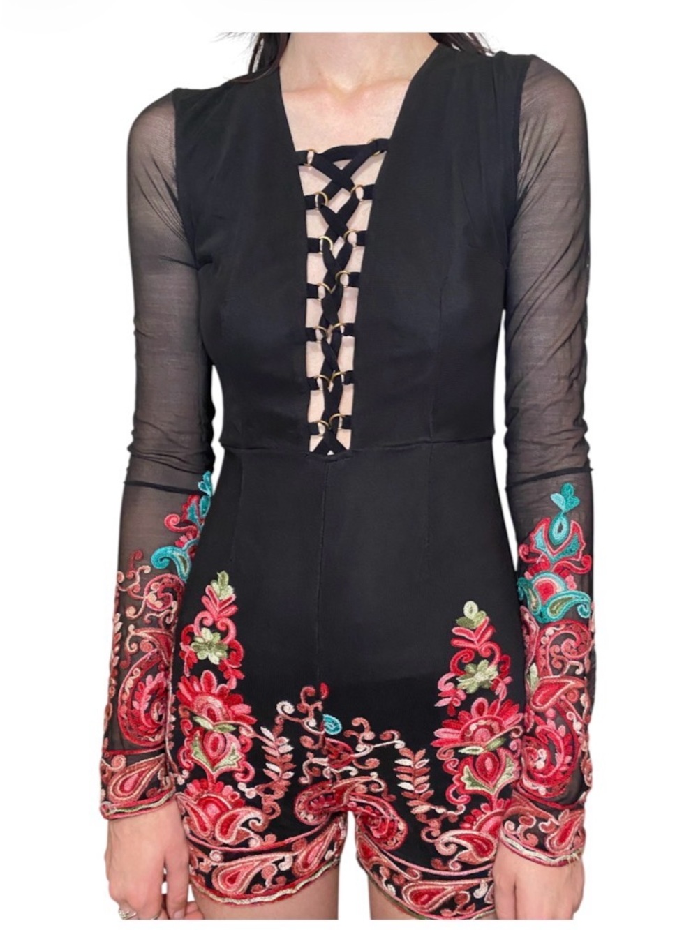 Fashion Nova Black Embroidered Lace-Up Sleeve Romper w/ sheer sleeves &!back XS